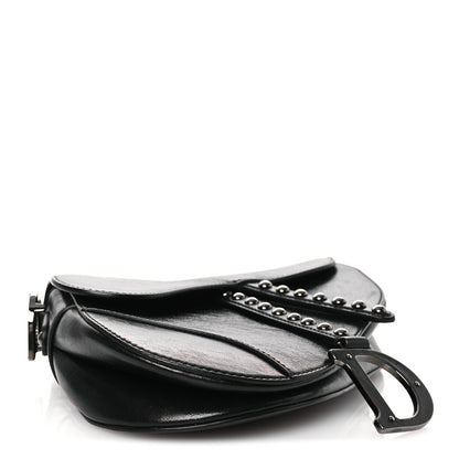 Christian Dior Shiny Crinkled Calfskin Studded Saddle Bag Black 4 of 12