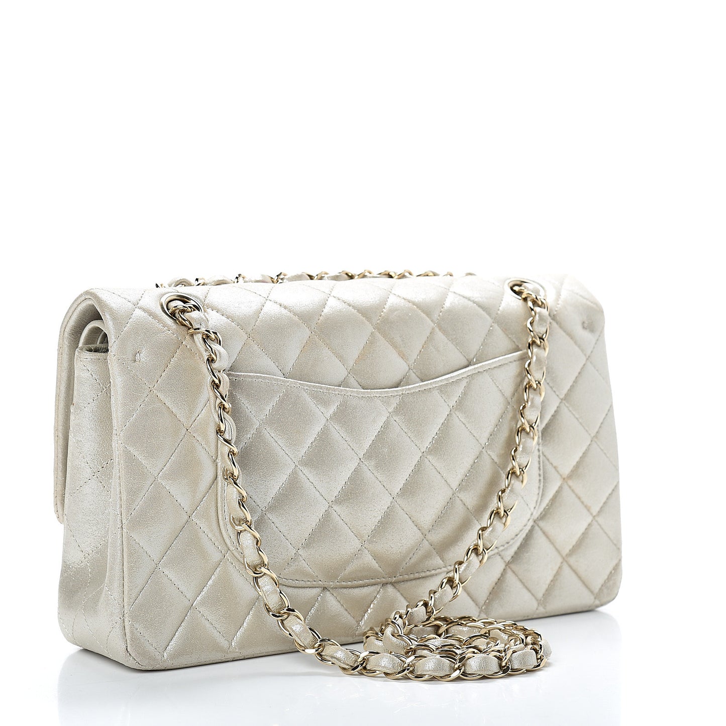 Iridescent Calfskin Quilted Medium Double Flap Light Gold