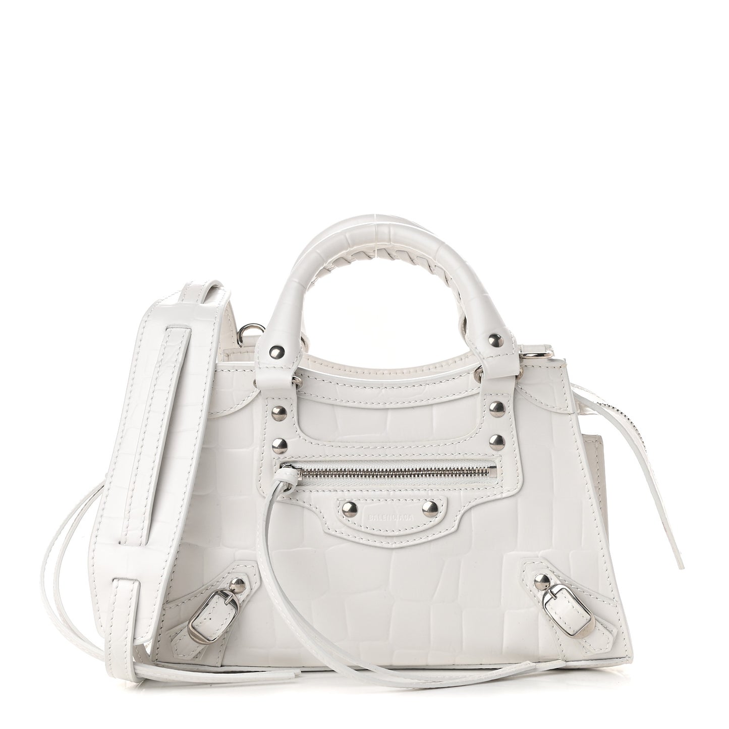 Semi Shiny Calfskin Crocodile Embossed Neo Classic Silver Hardware Mini City White