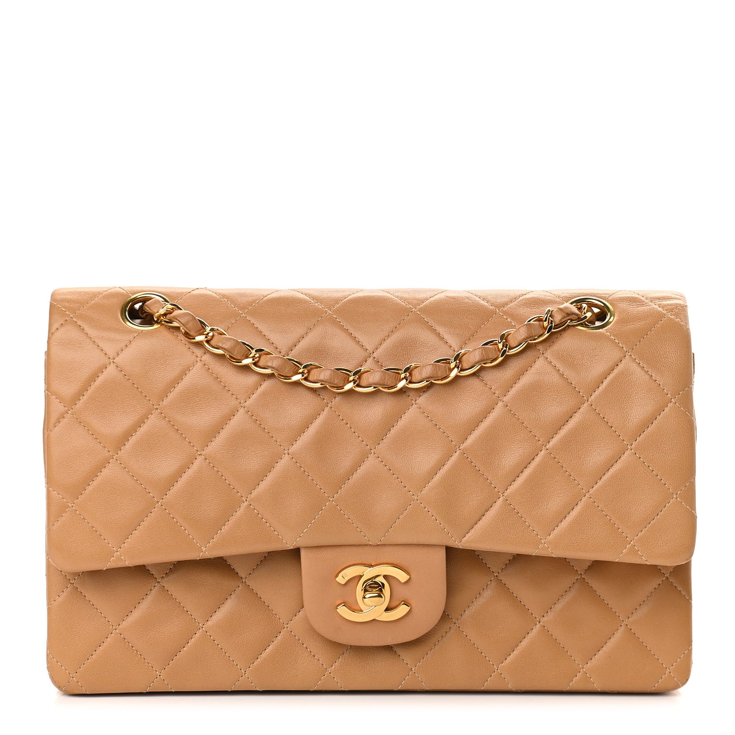 Lambskin Quilted Medium Double Flap Beige