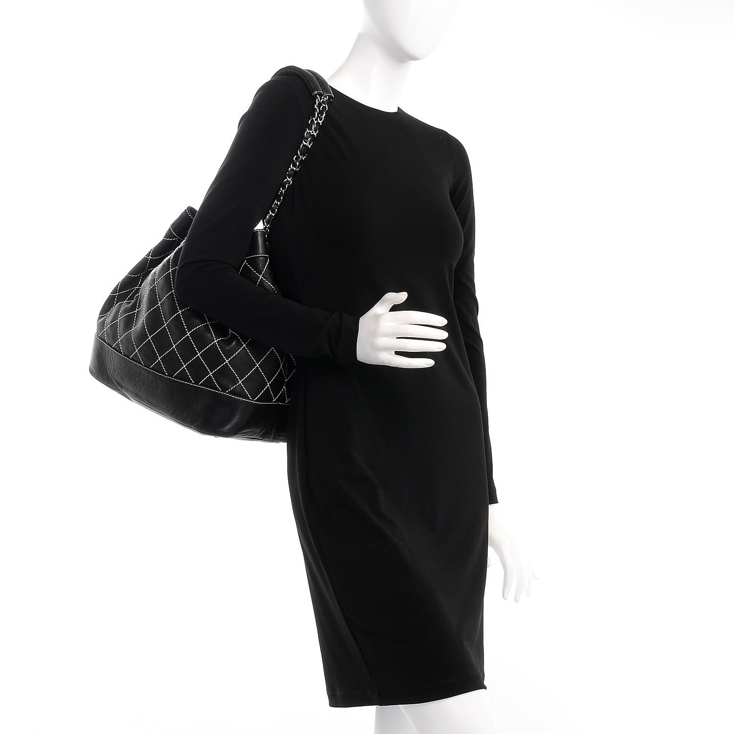 Chanel Lambskin Contrast Stitch Large Drawstring Tote Black 2 of 10
