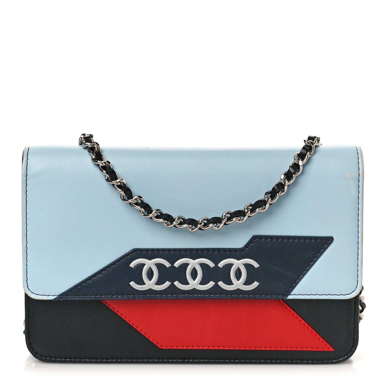 Chanel Lambskin Airlines Wallet On Chain WOC Blue Black Red 1 of 11
