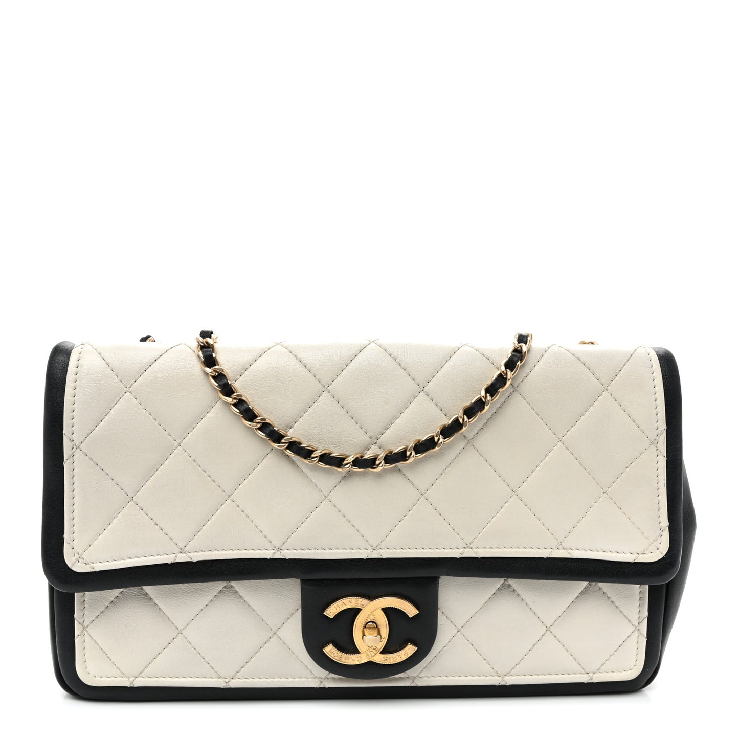 Lambskin Quilted Graphic Medium Flap White Black