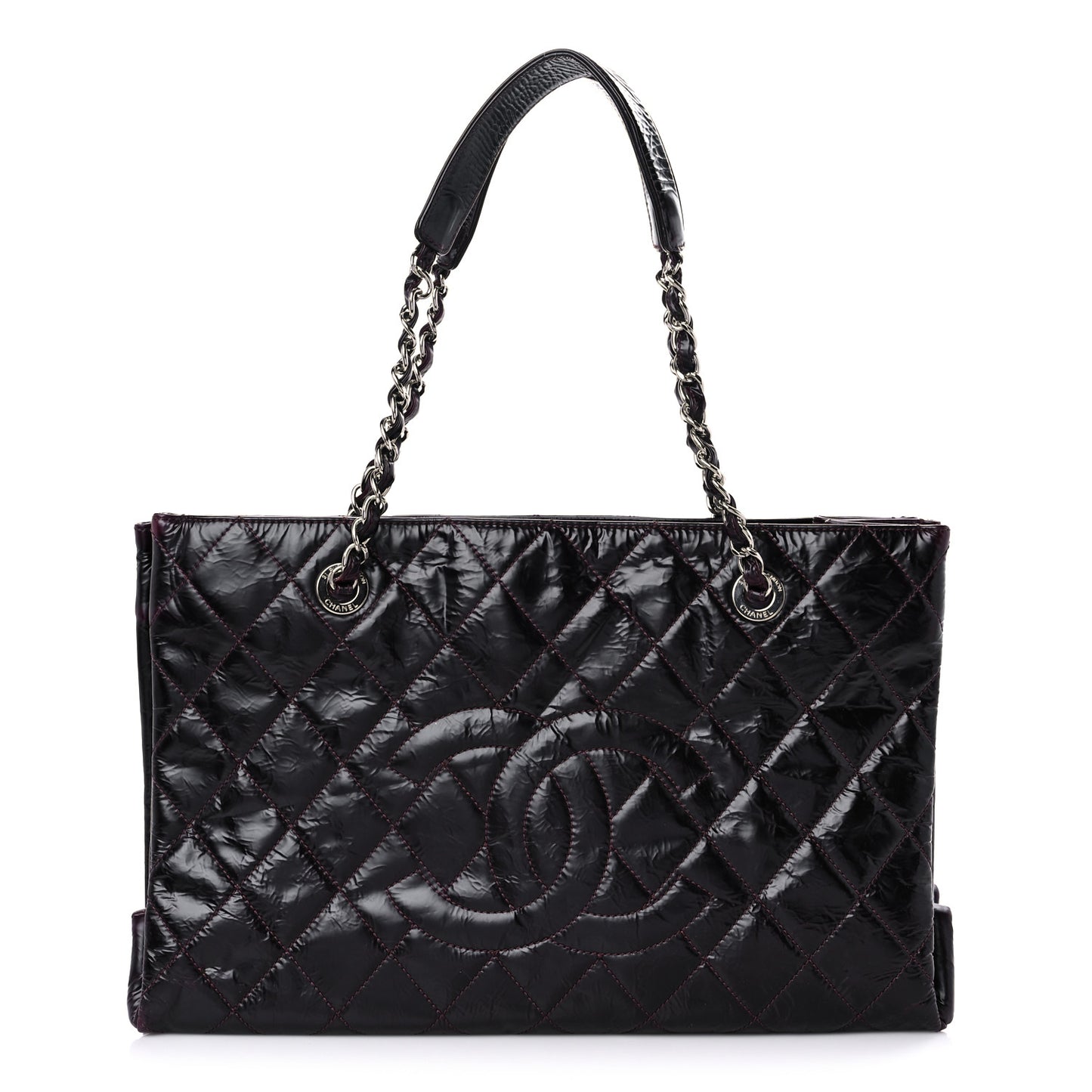 Patent Quilted Accordion Tote Burgundy