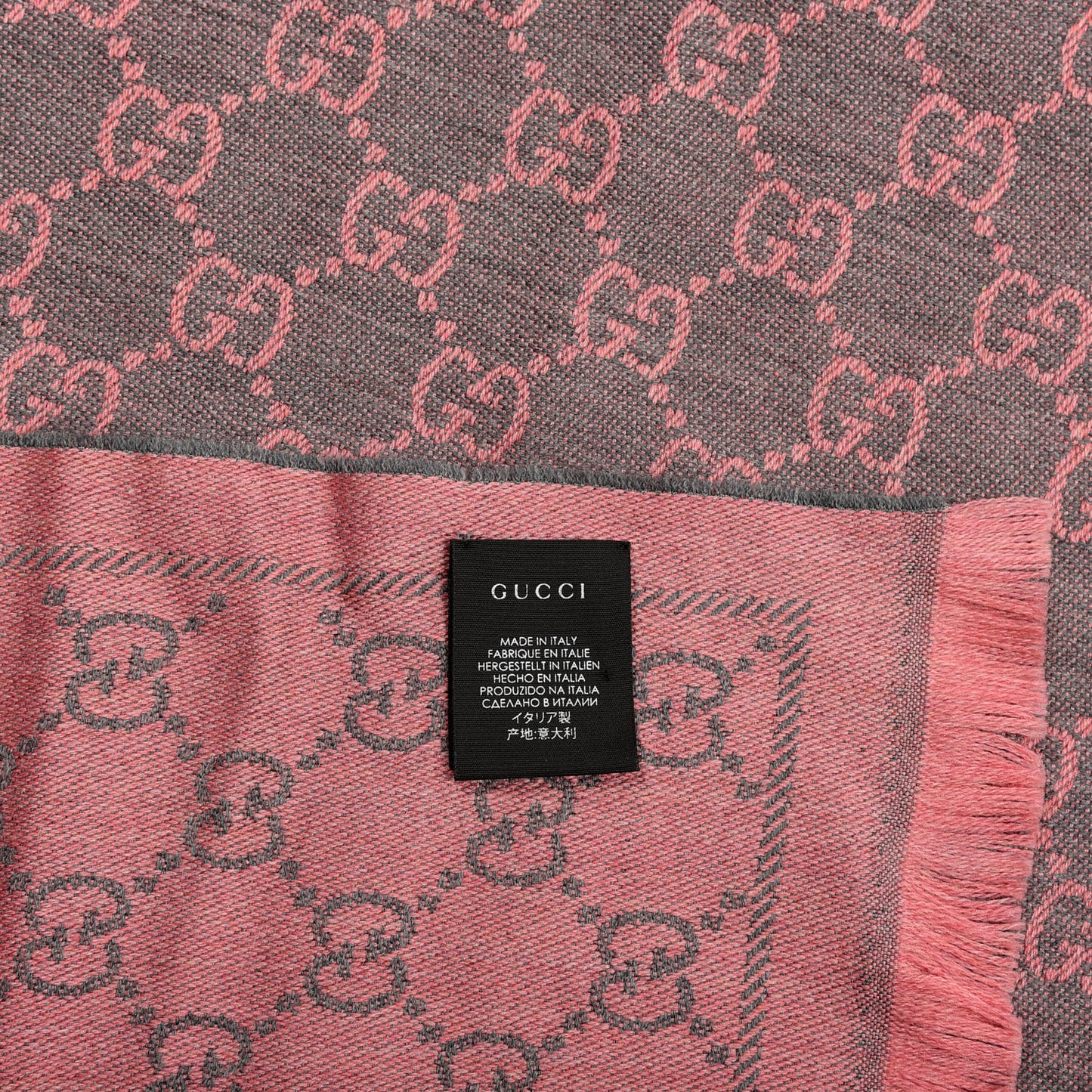 Wool Jacquard GG Monogram Sten Fringe Scarf Graphite Pink