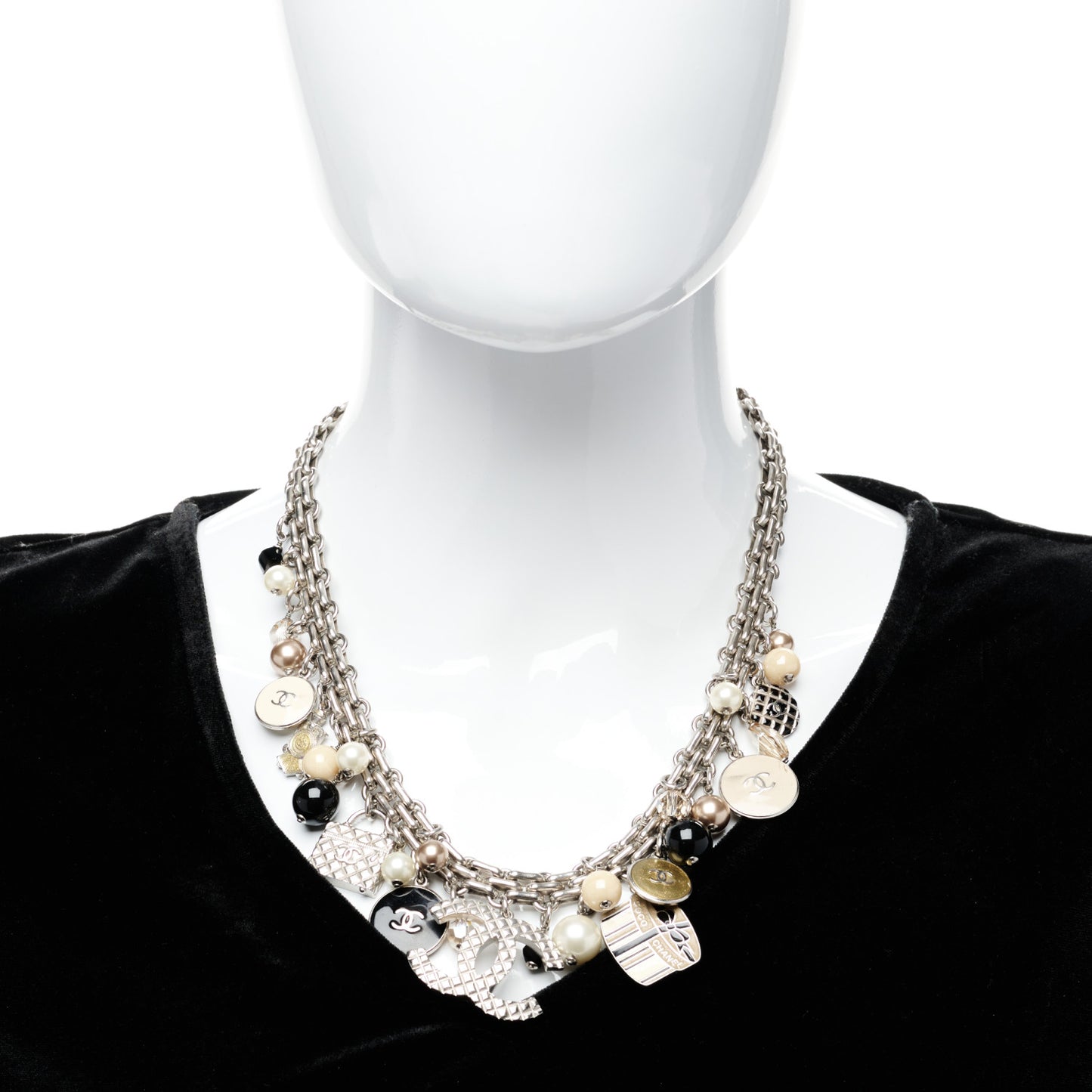 Enamel Pearl Charm Short Necklace Silver