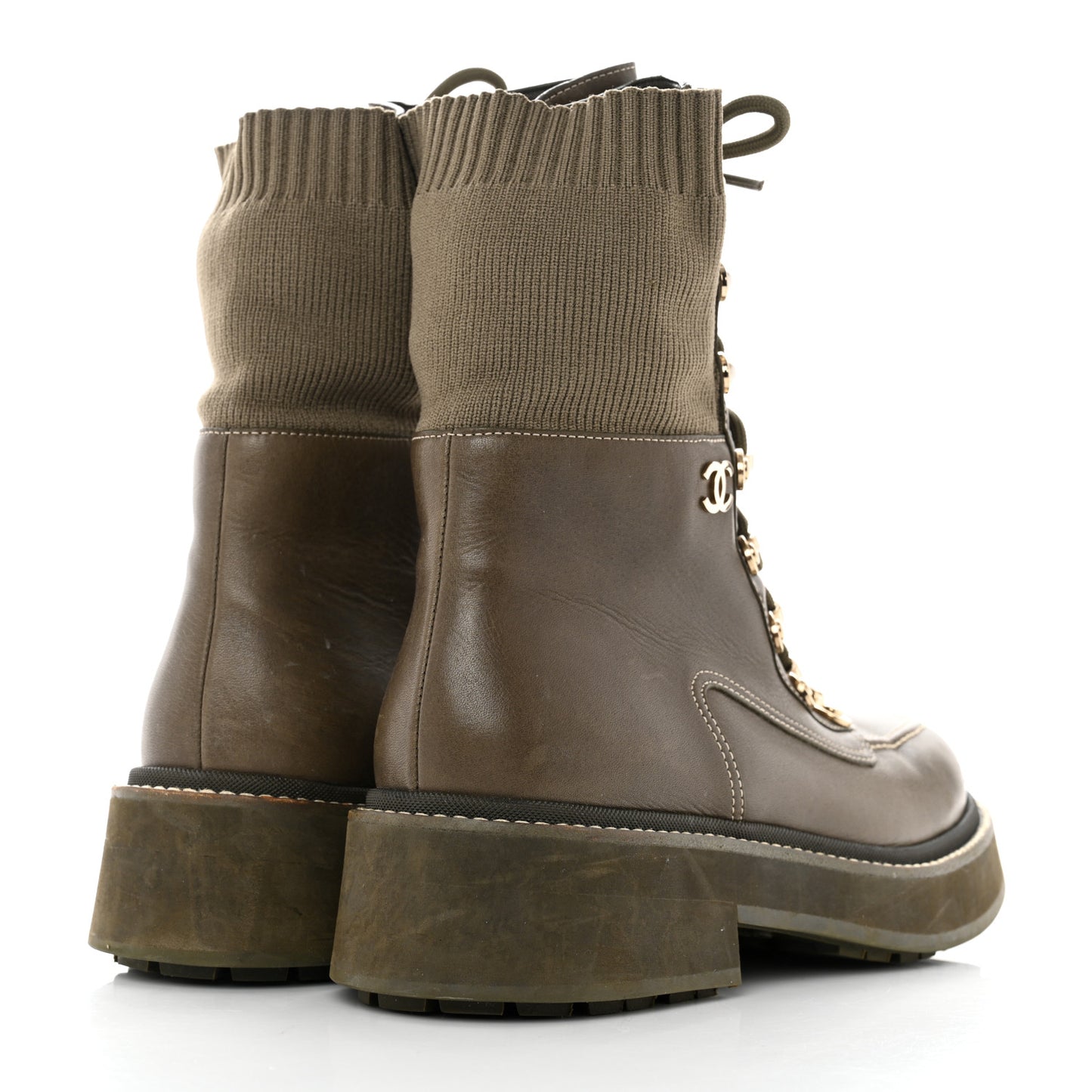 Calfskin Knit Lace Up Combat Boots 39.5 Green