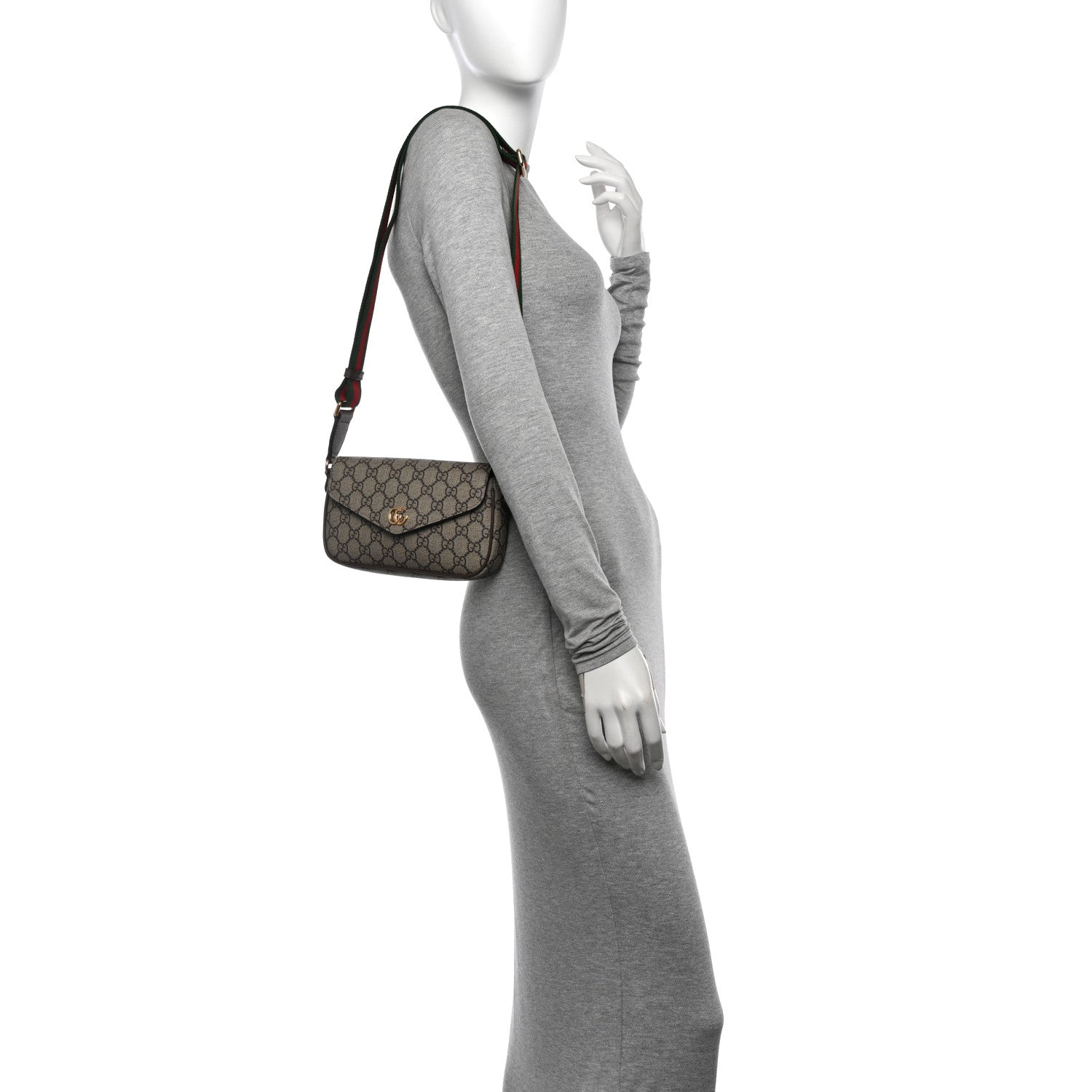 Gucci GG Supreme Monogram Textured Dollar Calfskin Web Mini Ophidia Envelope Shoulder Bag Beige Ebony 2 of 11