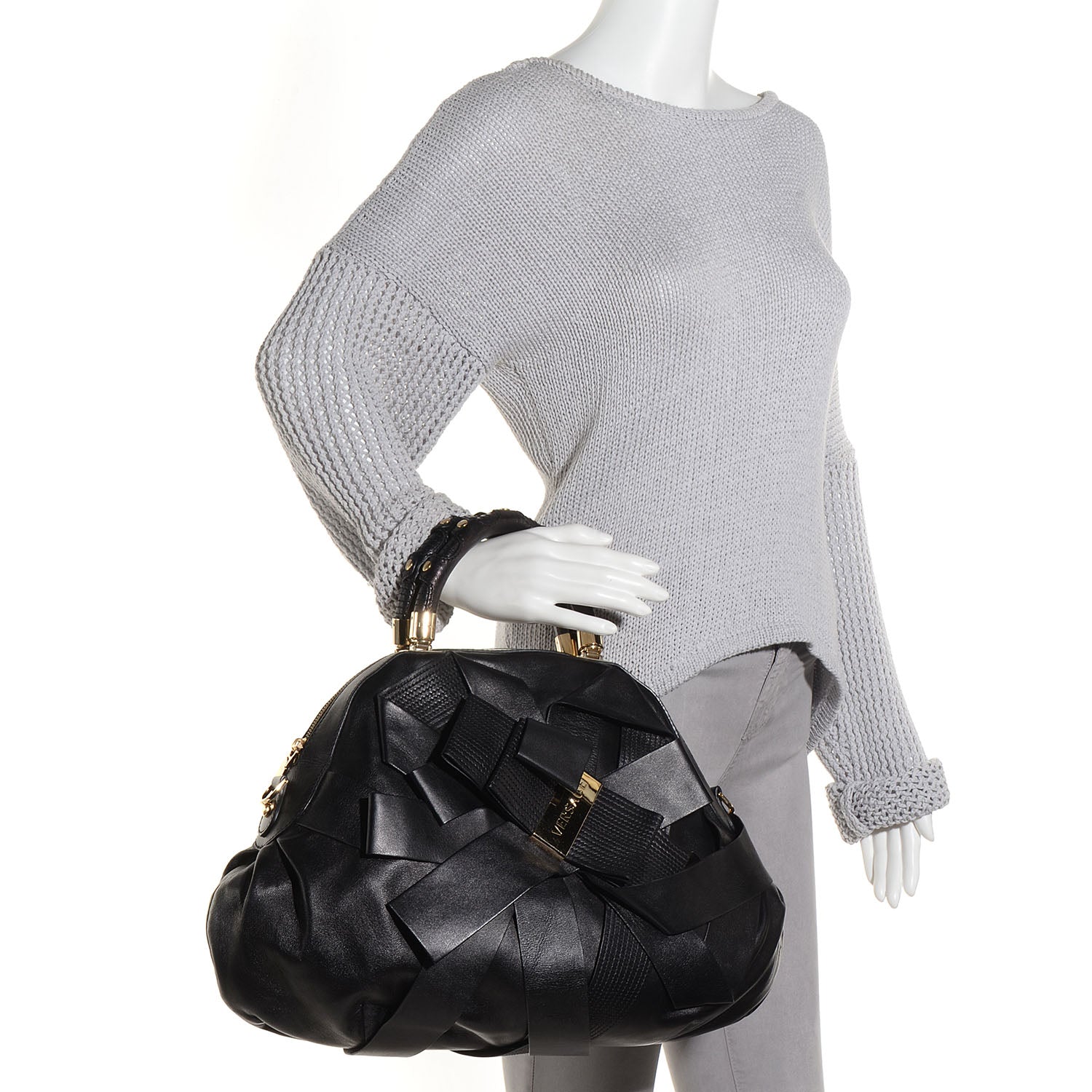 Versace Leather Venita Bow Satchel Black 2 of 7