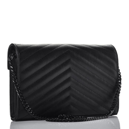 Saint Laurent Grain De Poudre Matelasse Chevron Monogram Chain Wallet Black 3 of 8
