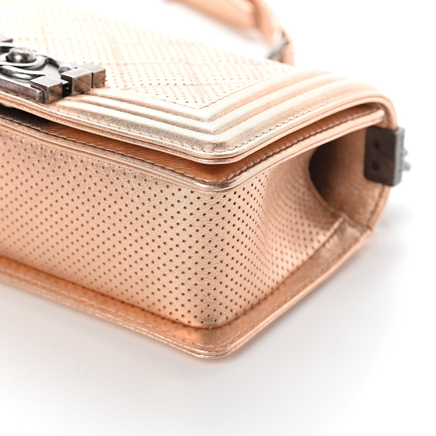 Metallic Calfskin Perforated Small Boy Flap Gold
