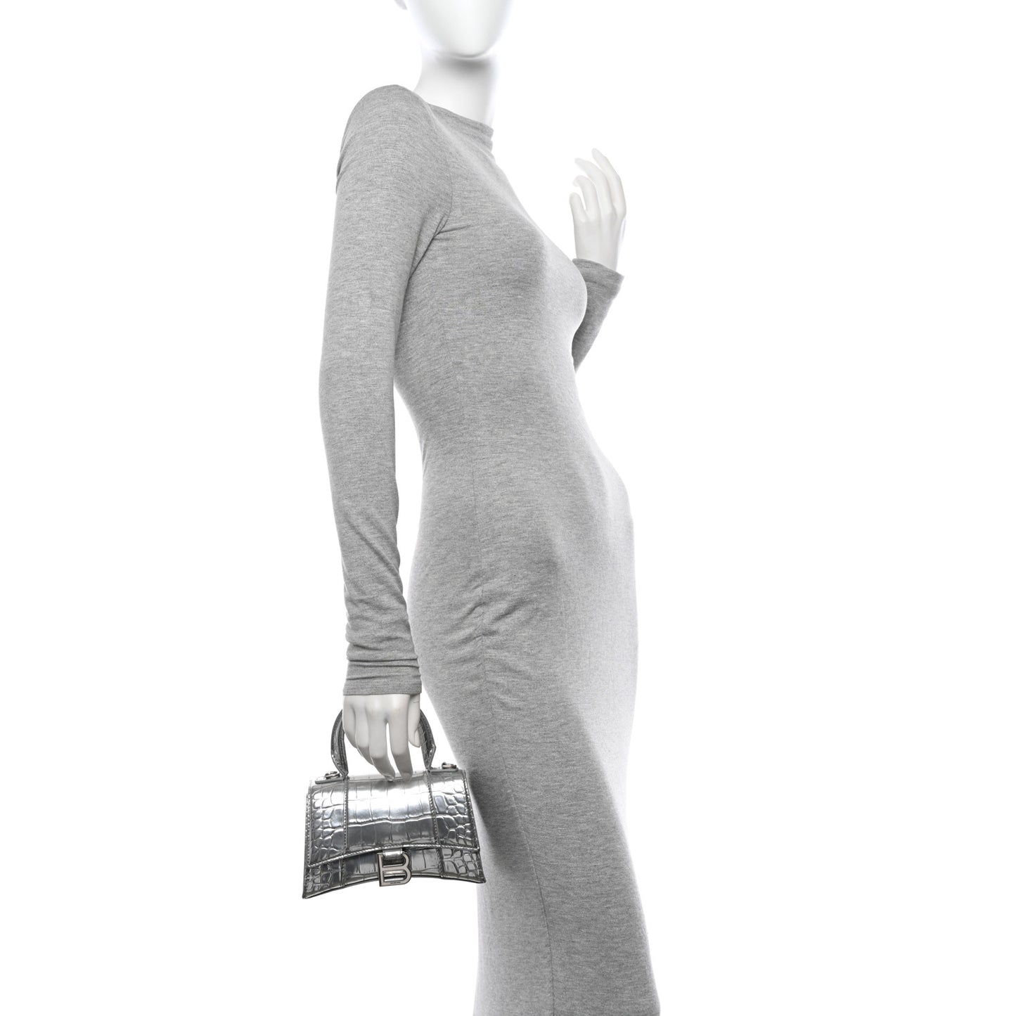Metallic Calfskin Crocodile Embossed Hourglass Top Handle Bag XS Silver