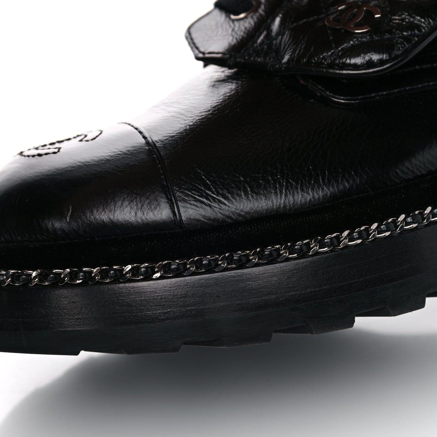 Crackled Calfskin Velvet Pearl Combat Short Boots 38 Black