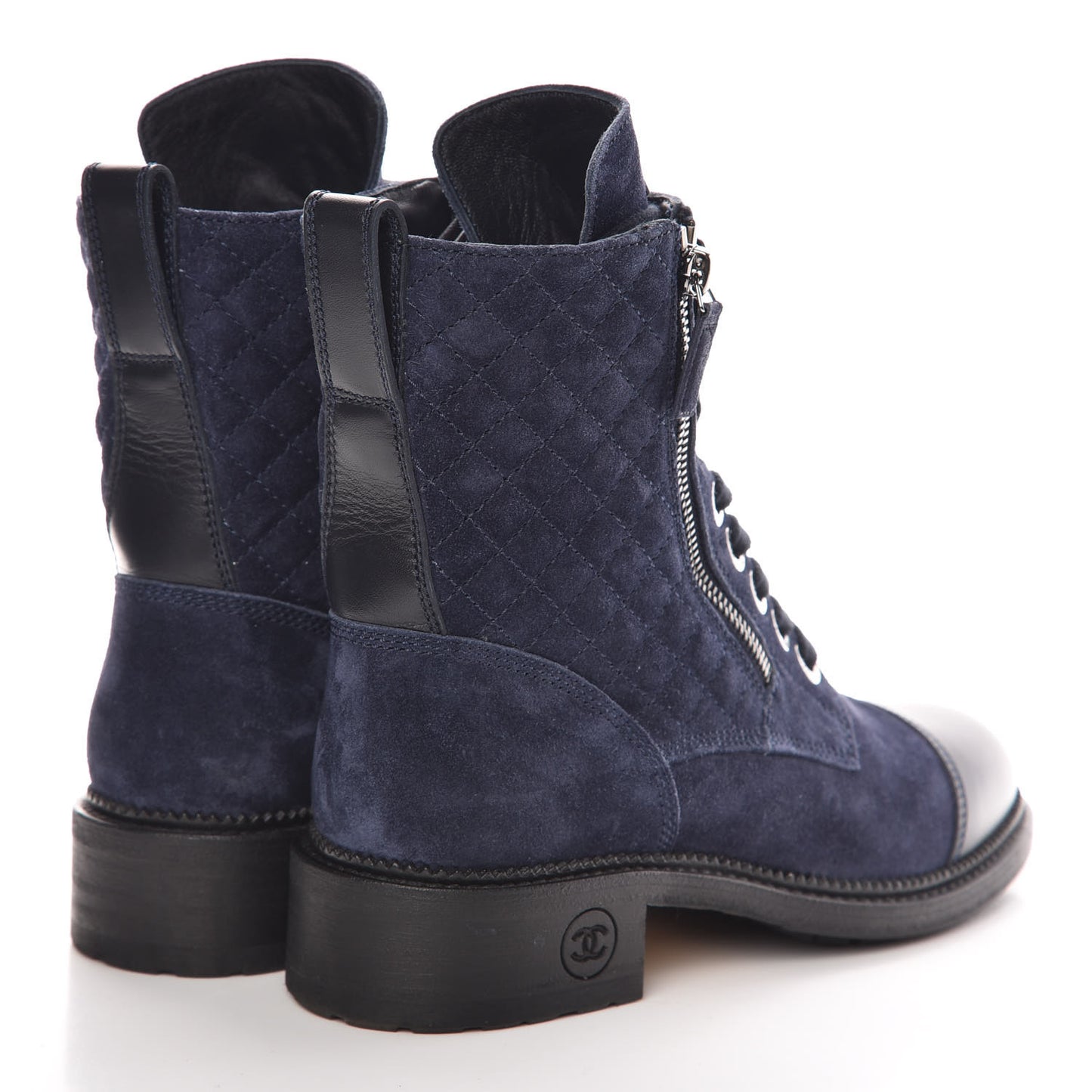 Suede Calfskin Quilted Lace Up Boots 37.5 Navy