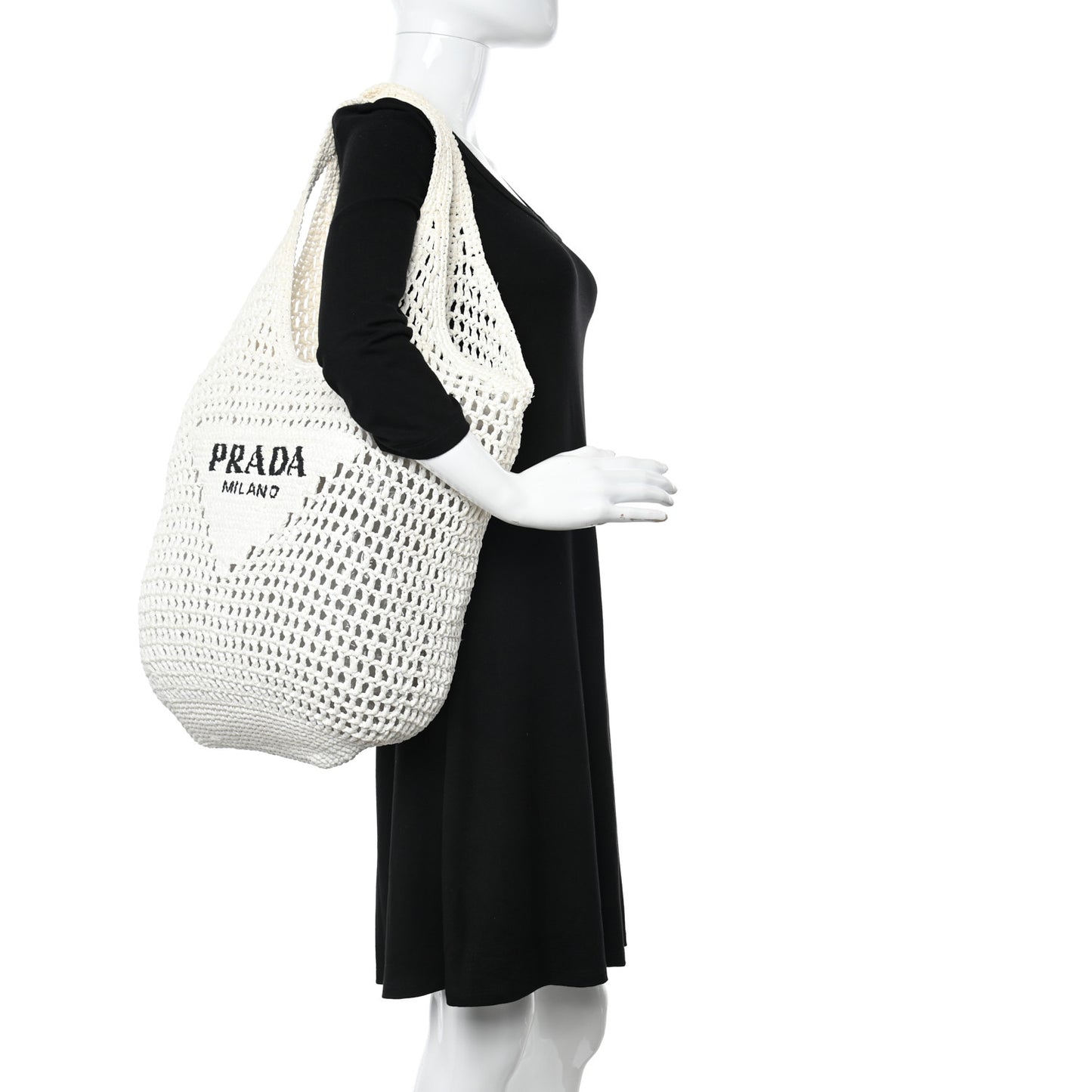 Yarn Raffia Effect Crochet Logo Embroidered Shopping Tote Bag White