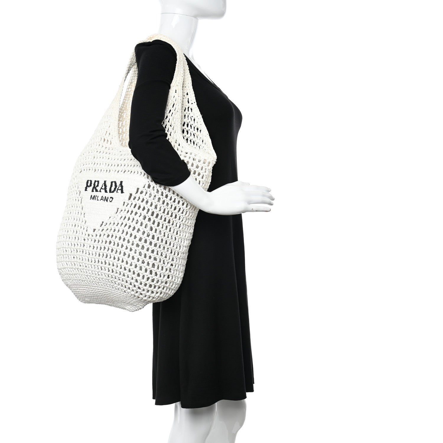 Prada Yarn Raffia Effect Crochet Logo Embroidered Shopping Tote Bag White 2 of 9