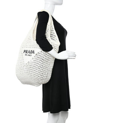 Prada Yarn Raffia Effect Crochet Logo Embroidered Shopping Tote Bag White 2 of 9