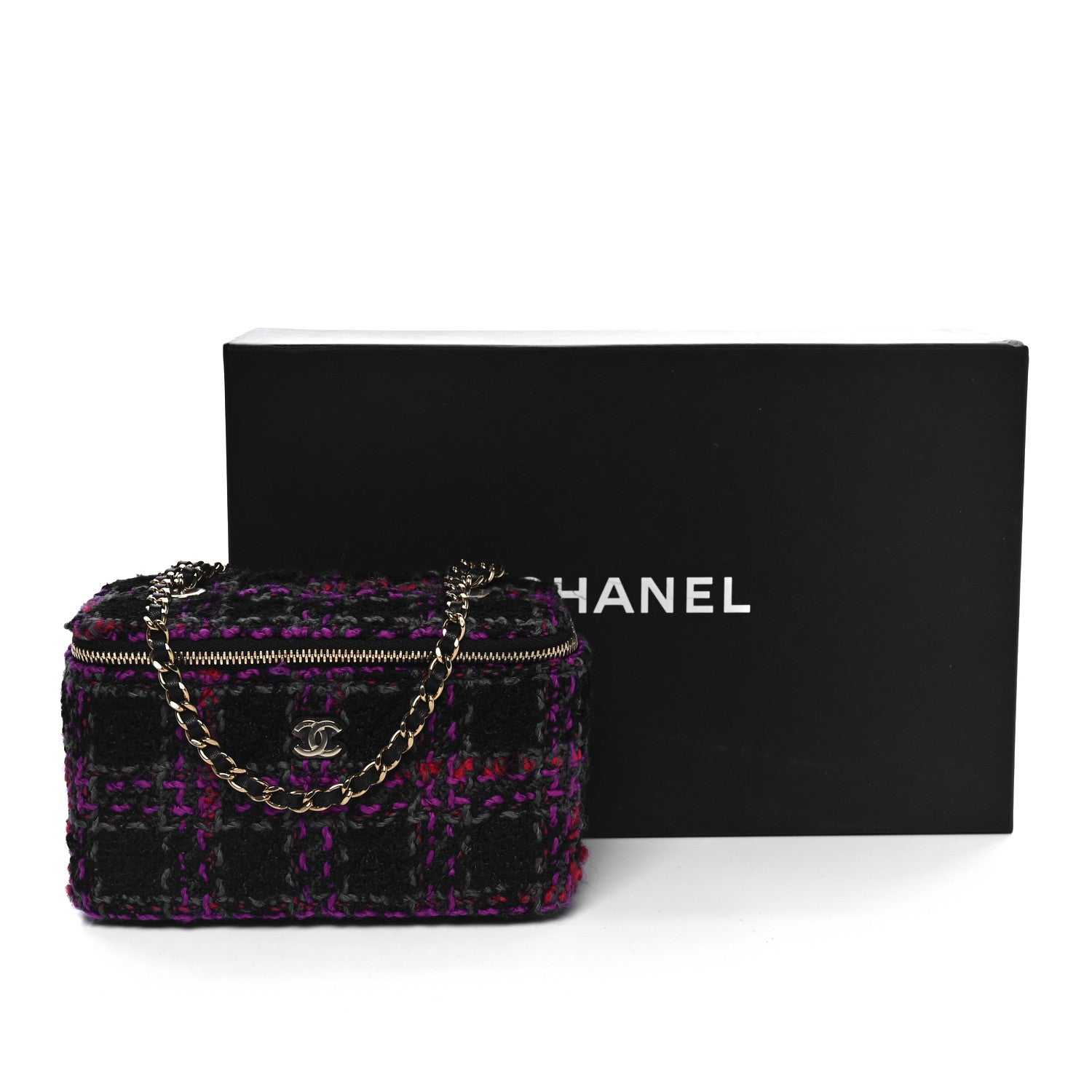 Chanel Tweed Quilted Small Vanity Case With Chain Black Purple Green Red 11 of 11