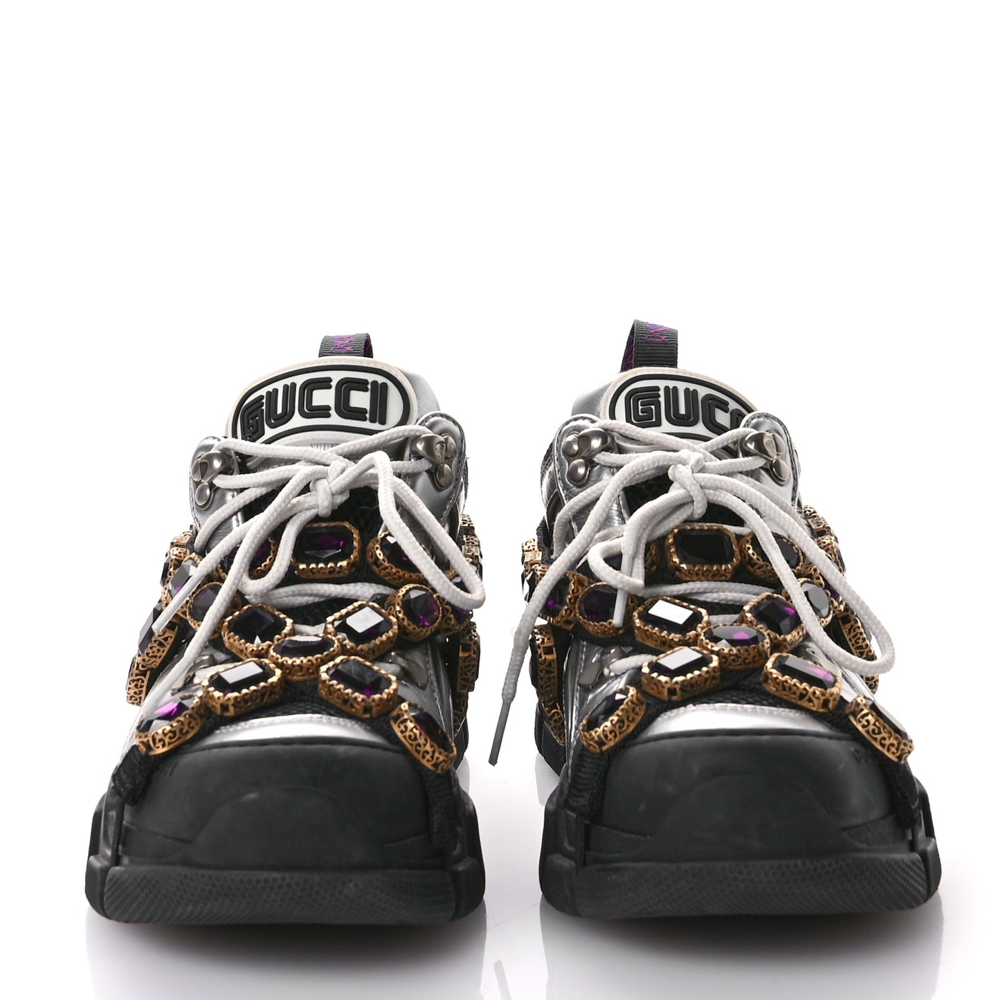 X SEGA Metallic Calfskin Mesh Removable Crystals Womens Flashtrek Sneakers 37 Silver Black