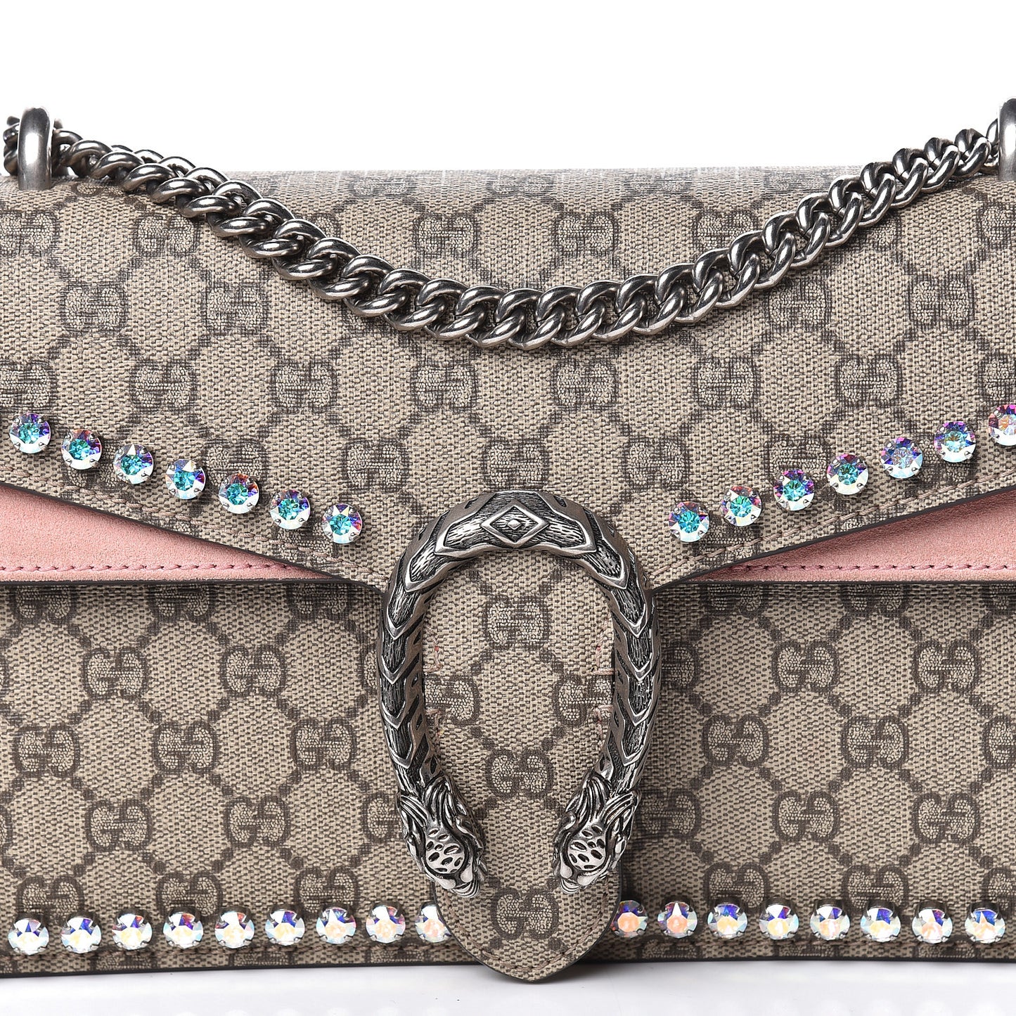 GG Supreme Monogram Suede Crystal Small Dionysus Shoulder Bag Beige Ebony Light Peonia