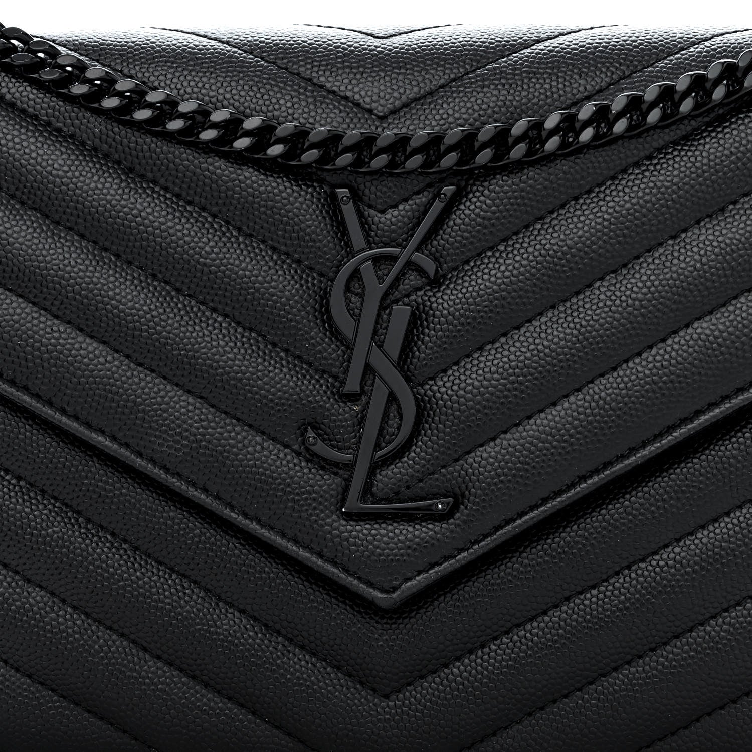 Saint Laurent Grain De Poudre Matelasse Chevron Monogram Monochrome Chain Wallet Black 7 of 10