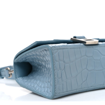 Balenciaga Shiny Calfskin Crocodile Embossed Hourglass Top Handle Bag XS Blue Grey 10 of 11