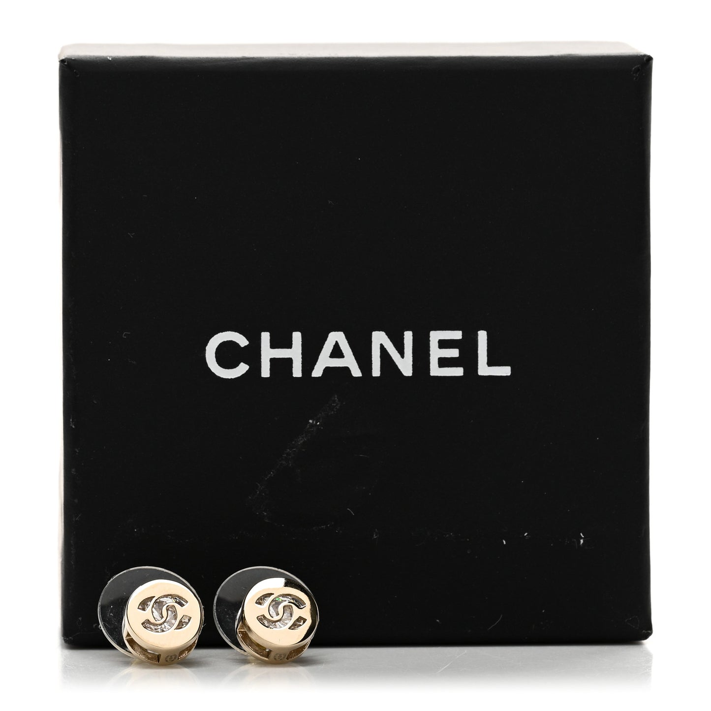Metal Crystal CC Round Earrings Gold