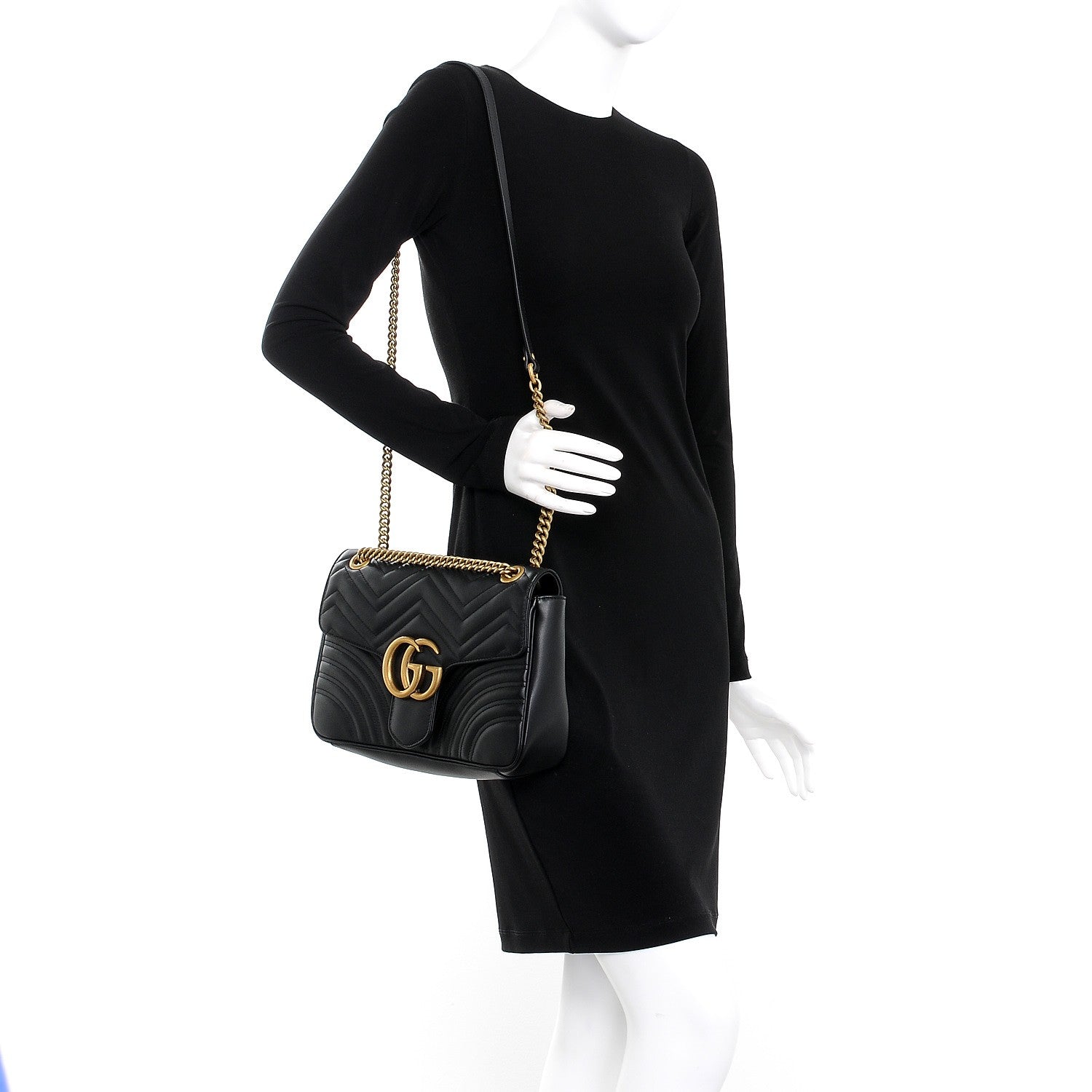 Gucci Calfskin Matelasse Medium GG Marmont Shoulder Bag Black 2 of 7