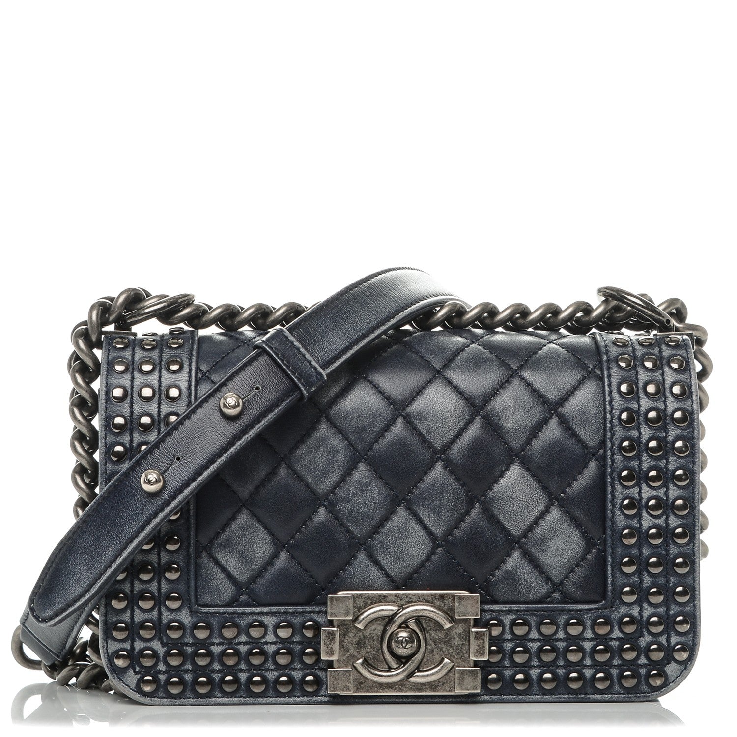 Chanel Faded Calfskin Quilted Small Studded Boy Flap Navy 1 of 7