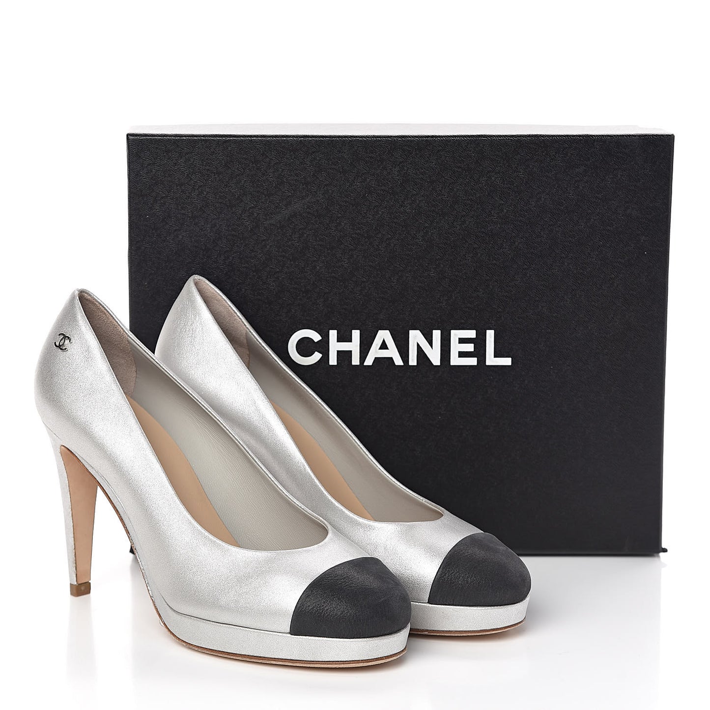Metallic Calfskin Buffalo Cap Toe CC Pumps 37.5 Silver Black
