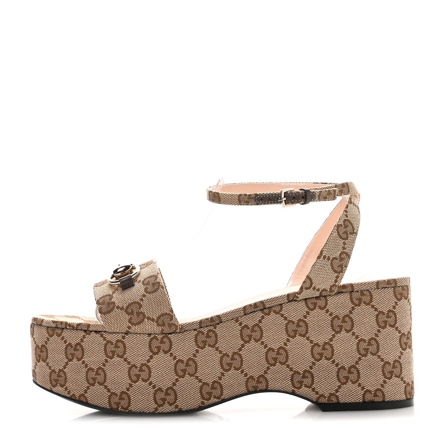 Gucci Monogram Nappa Chalotte Horsebit Ankle Strap 75mm Flatform Sandals 40.5 Beige Ebony 1 of 8