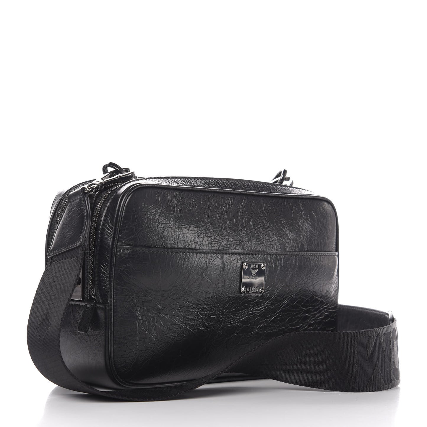Crushed Calfskin Logo Crossbody Bag Black