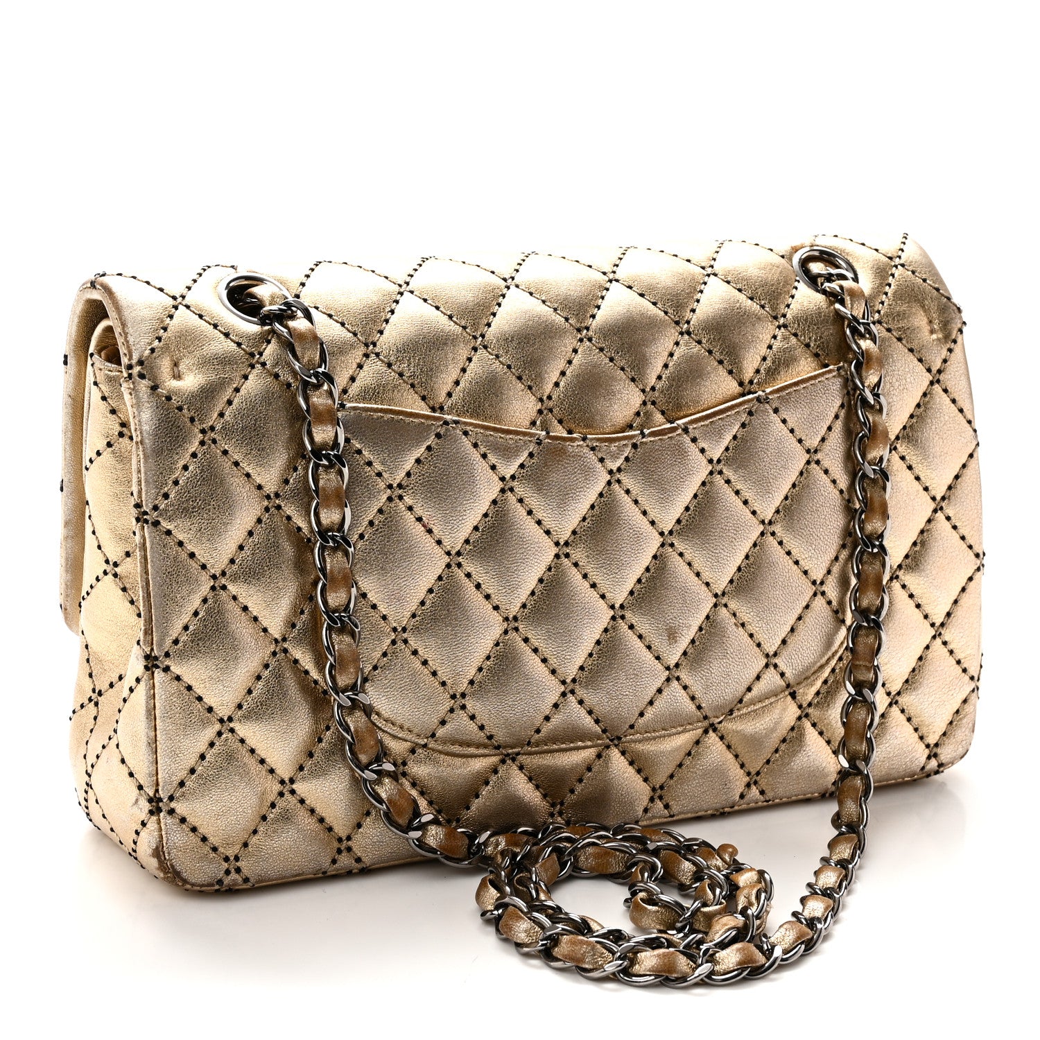 Chanel Metallic Washed Lambskin Quilted Medium Double Flap Dark Gold Black 3 of 10
