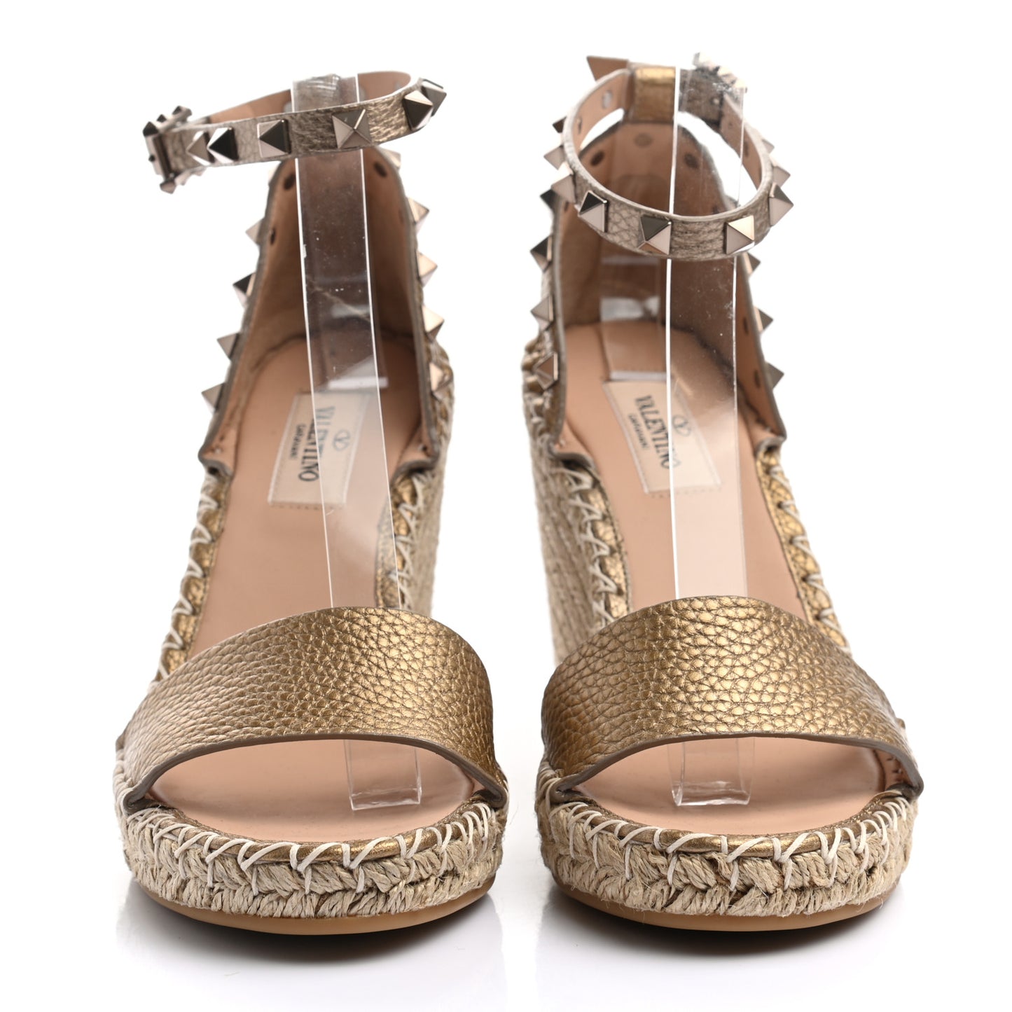 Metallic Pebbled Calfskin Rockstud Ankle Strap Espadrille 15/105mm Wedge Sandals 36 Skin Natural