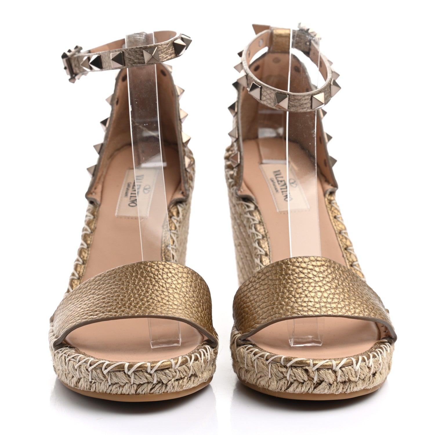 Valentino Garavani Metallic Pebbled Calfskin Rockstud Ankle Strap Espadrille 15/105mm Wedge Sandals 36 Skin Natural 2 of 8