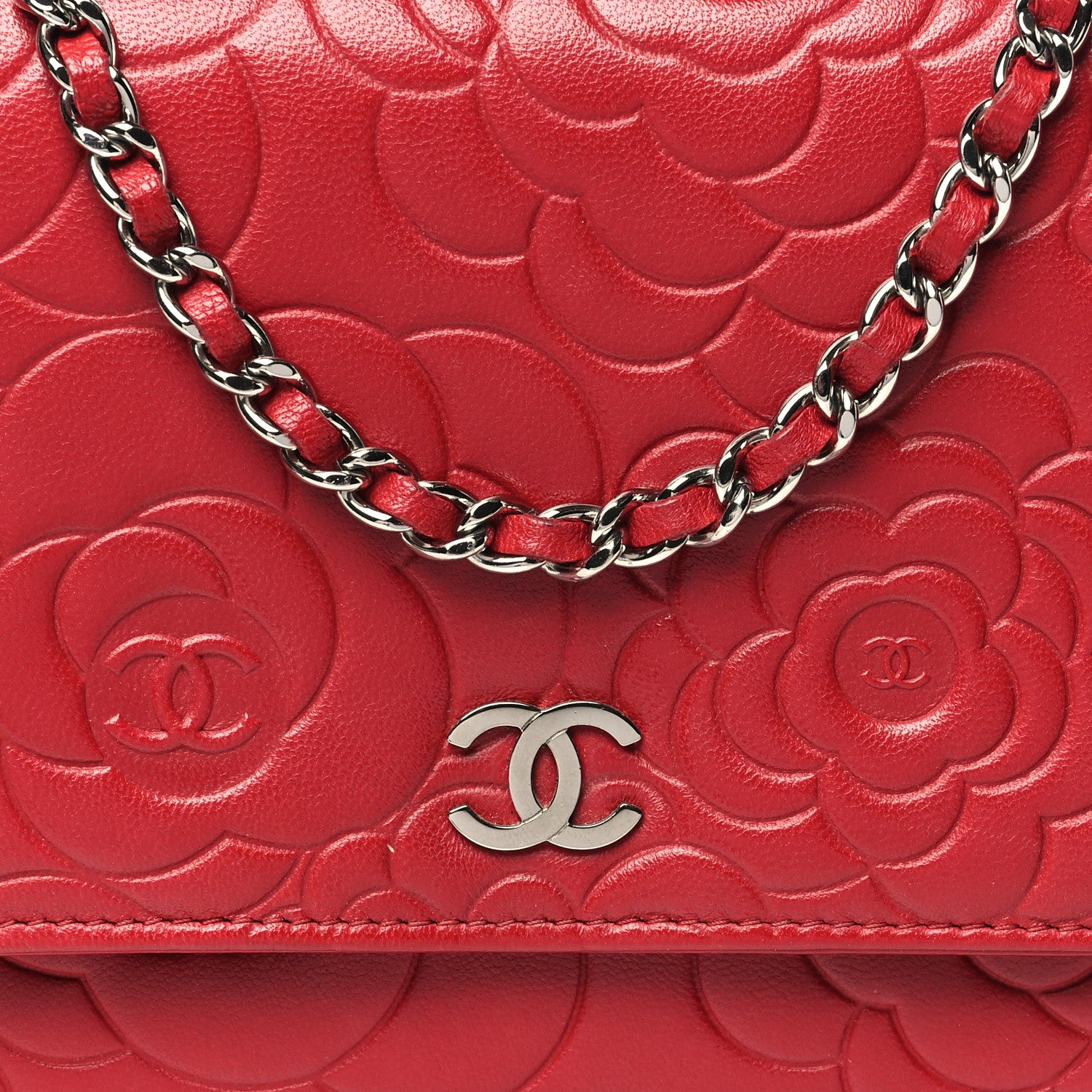 Chanel Lambskin Camellia Embossed Wallet on Chain WOC Red 9 of 11
