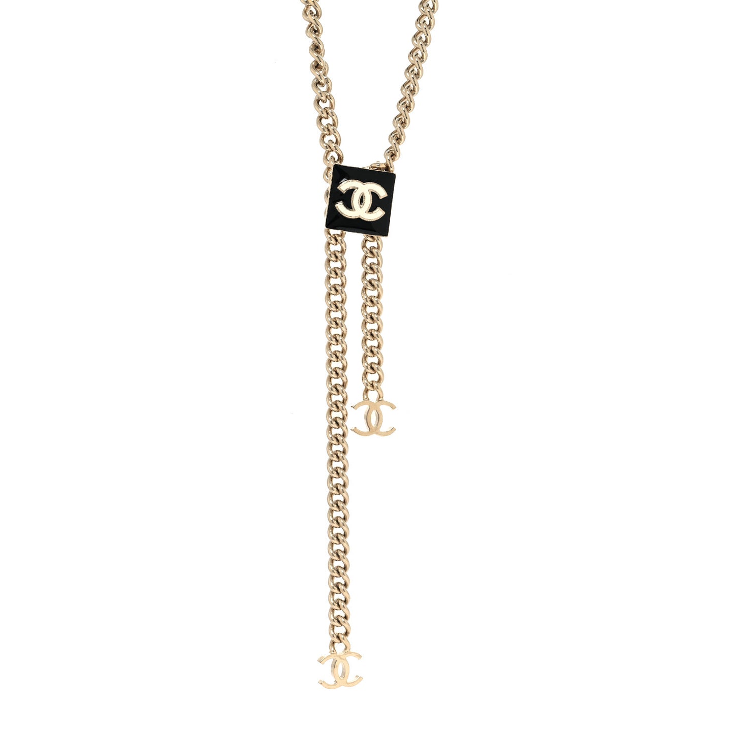 Enamel CC Lariat Necklace Gold Black