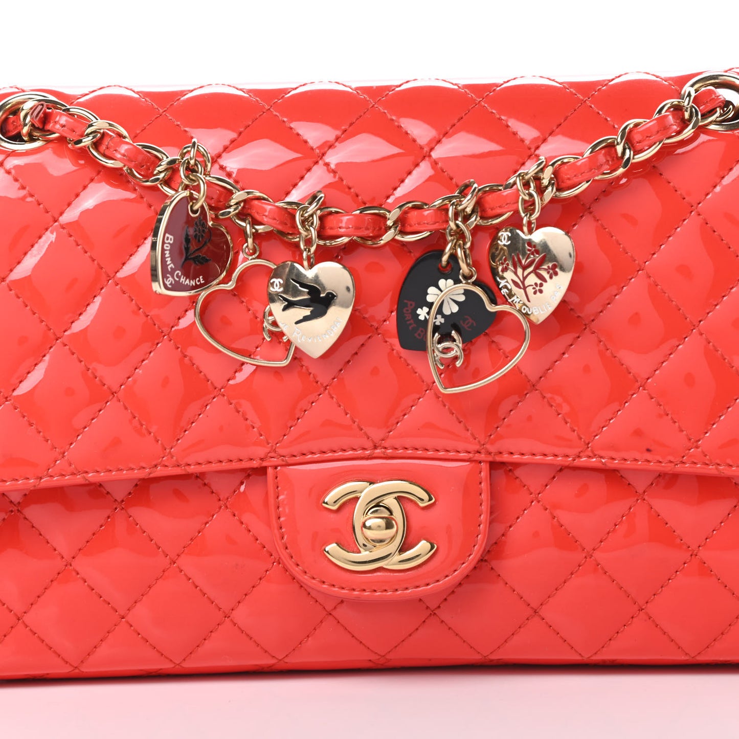 Patent Calfskin Quilted Valentine Charms Medium Single Flap Red