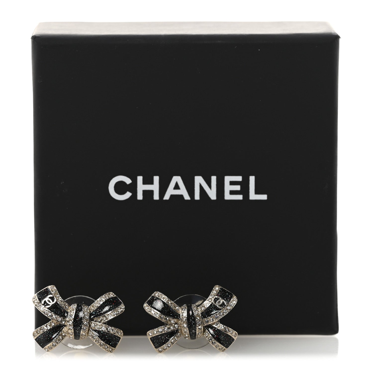 Chanel Glitter Enamel Crystal Bow Stud Earrings Black Gold 5 of 5