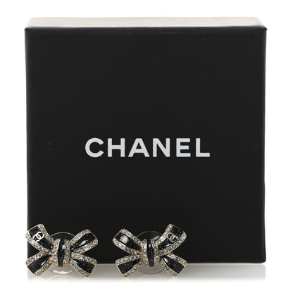 Chanel Glitter Enamel Crystal Bow Stud Earrings Black Gold 5 of 5