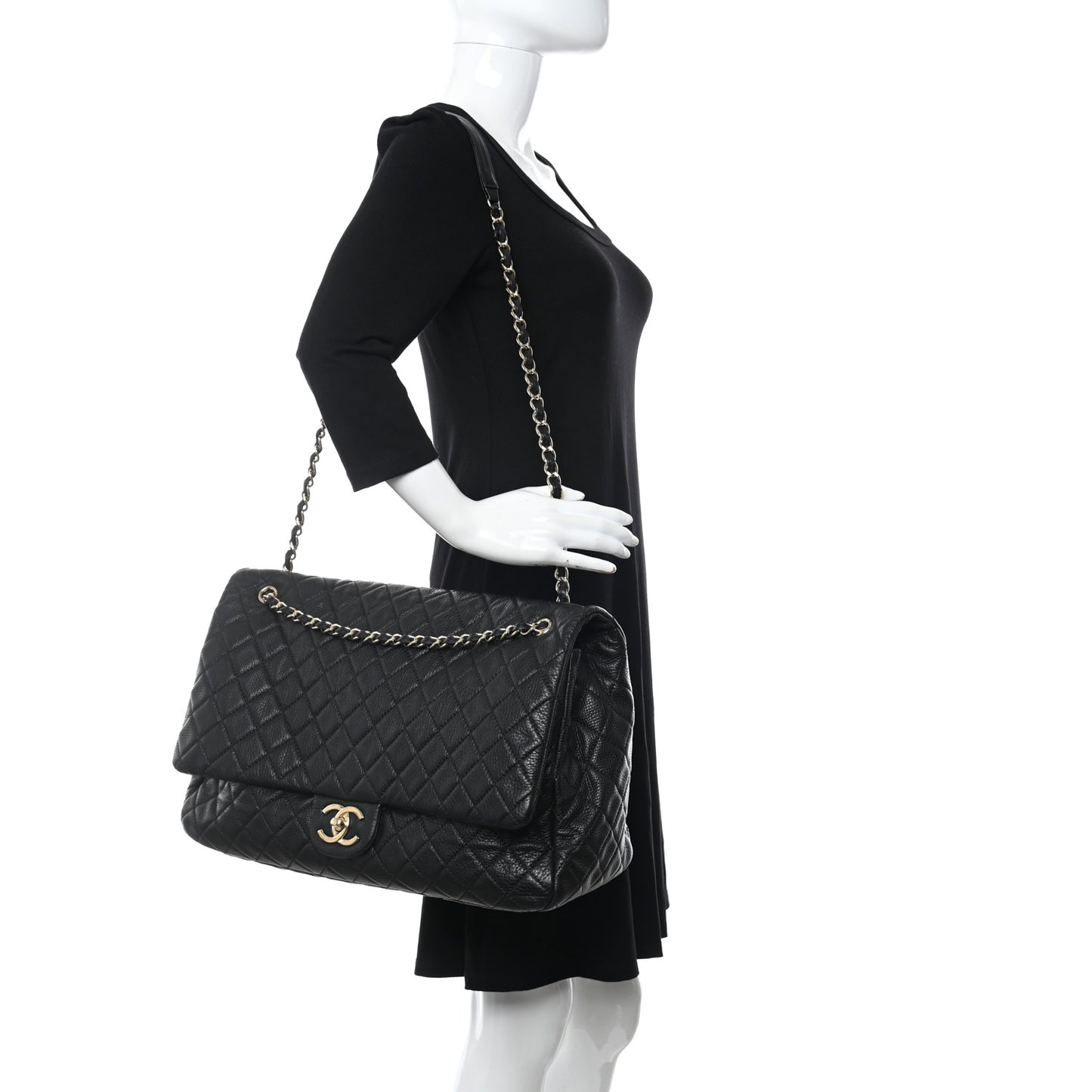 Calfskin Quilted XXL Travel Flap Bag Black