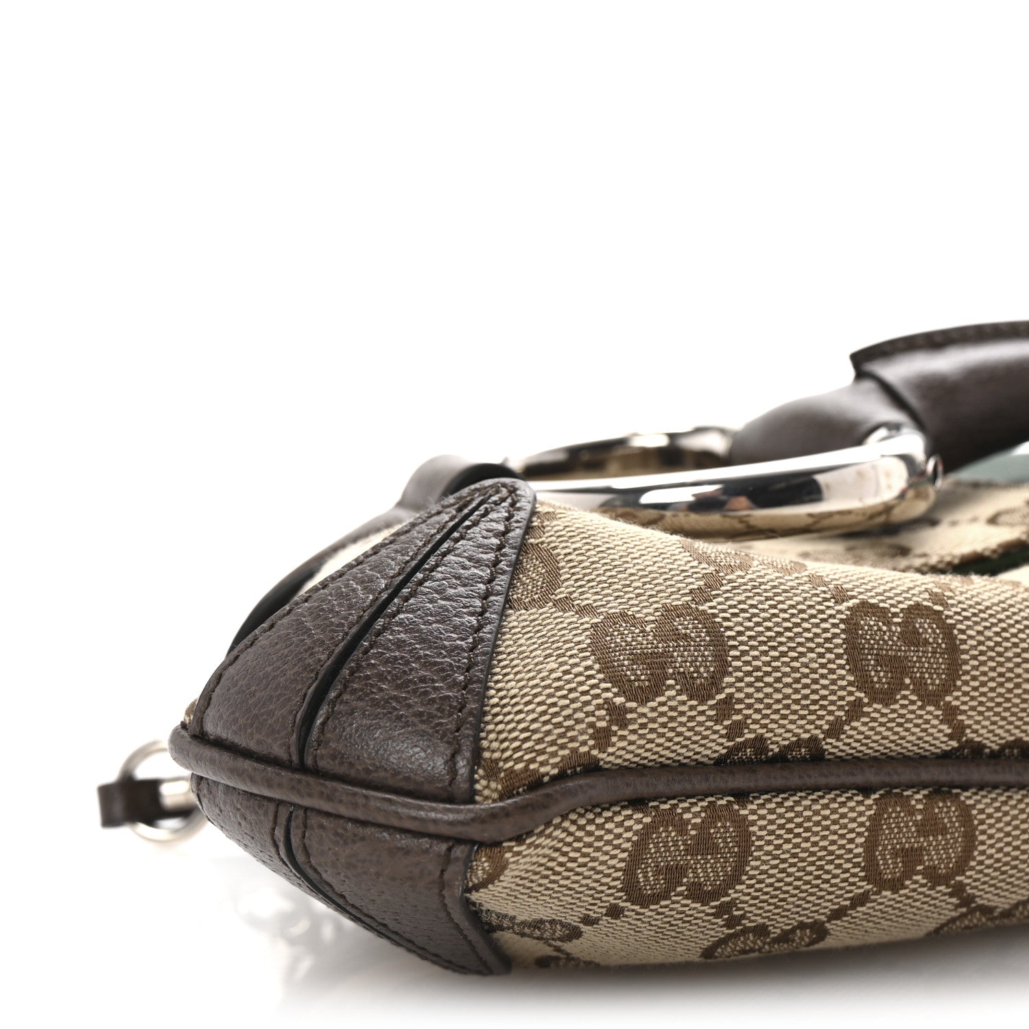 Gucci Monogram Textured Dollar Calfskin Heavy Grosgrain Web Medium Maxi Horsebit Chain Shoulder Bag Beige Ebony New Acero 8 of 10