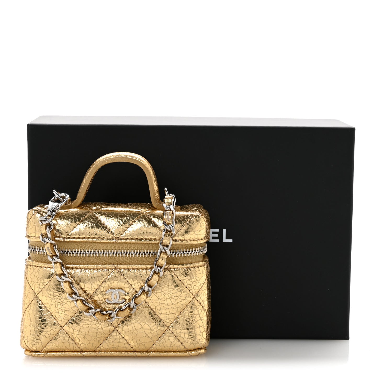 Metallic Calfskin Quilted Mini Vanity Bag Charm With Hook Gold