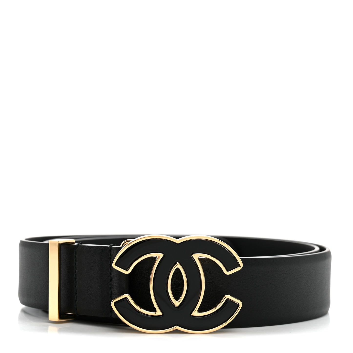 Calfskin Metal Enamel CC Belt 95 38 Black Golden