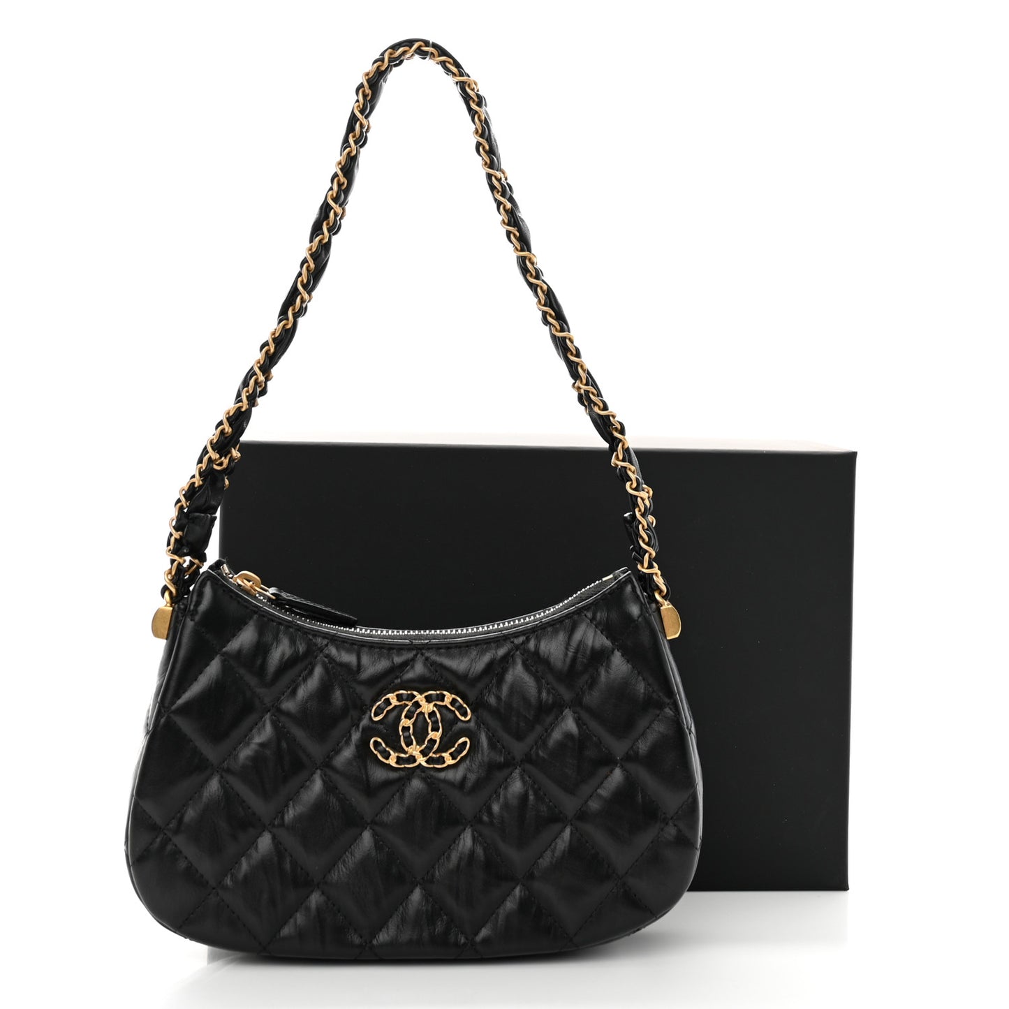 Crumpled Calfskin Quilted Braided CC Small Hobo Black