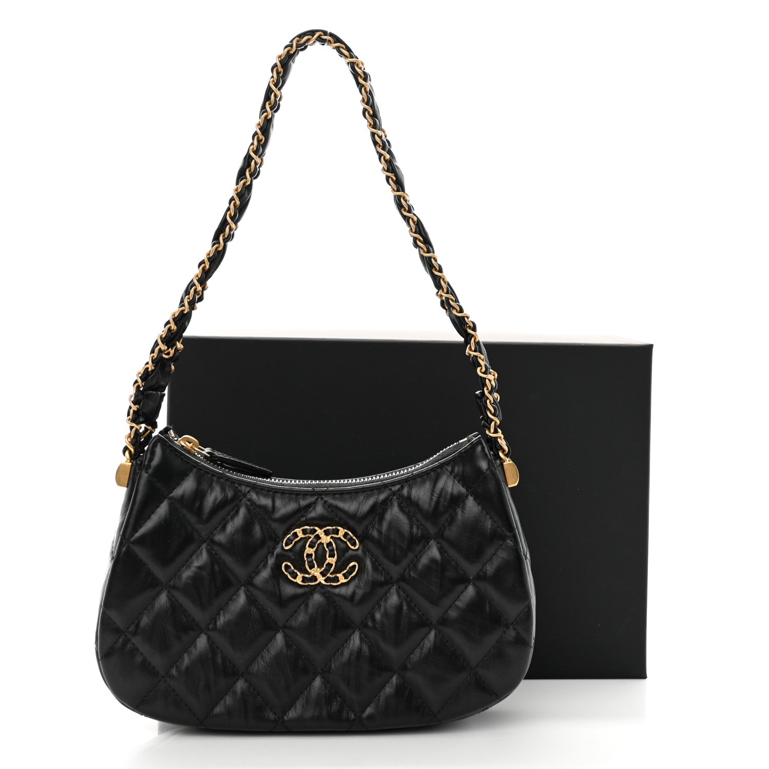 Chanel Crumpled Calfskin Quilted Braided CC Small Hobo Black 11 of 11