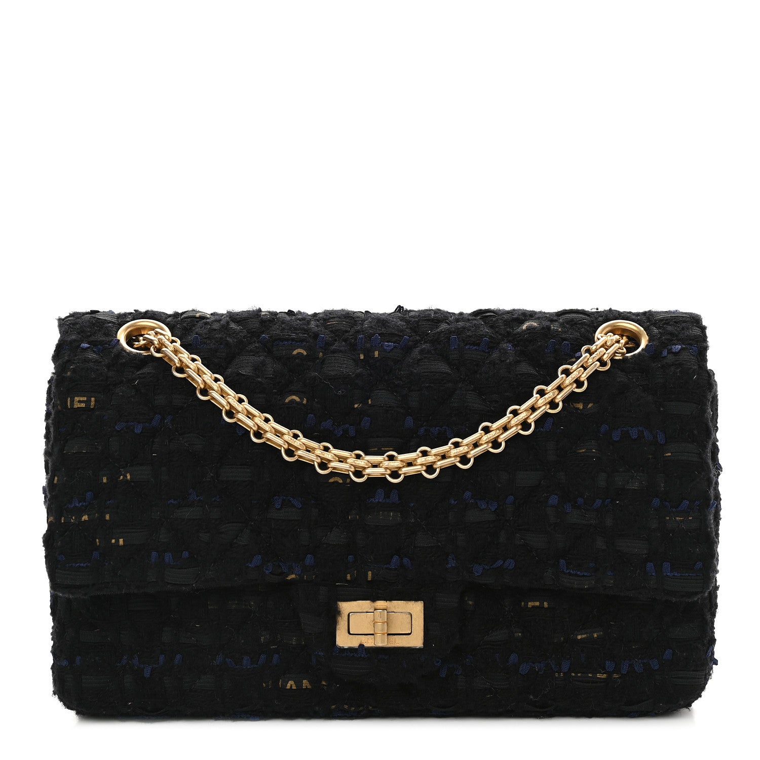 Chanel Tweed Quilted 2.55 Reissue 225 Flap Black Gold Navy 1 of 9