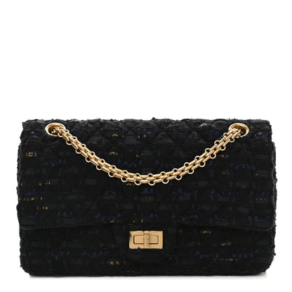 Chanel Tweed Quilted 2.55 Reissue 225 Flap Black Gold Navy 1 of 9