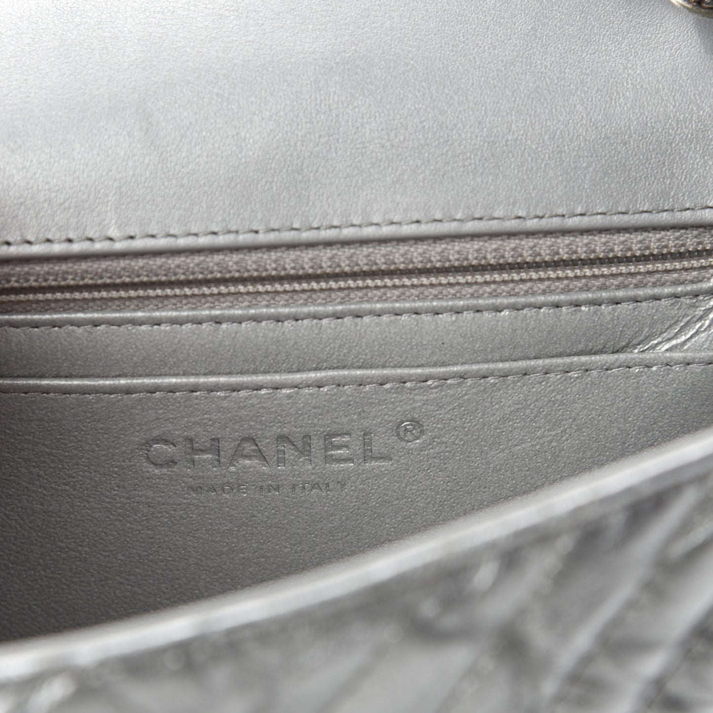 Metallic Patent Crumpled Calfskin Chevron Quilted Mini Square Flap Silver