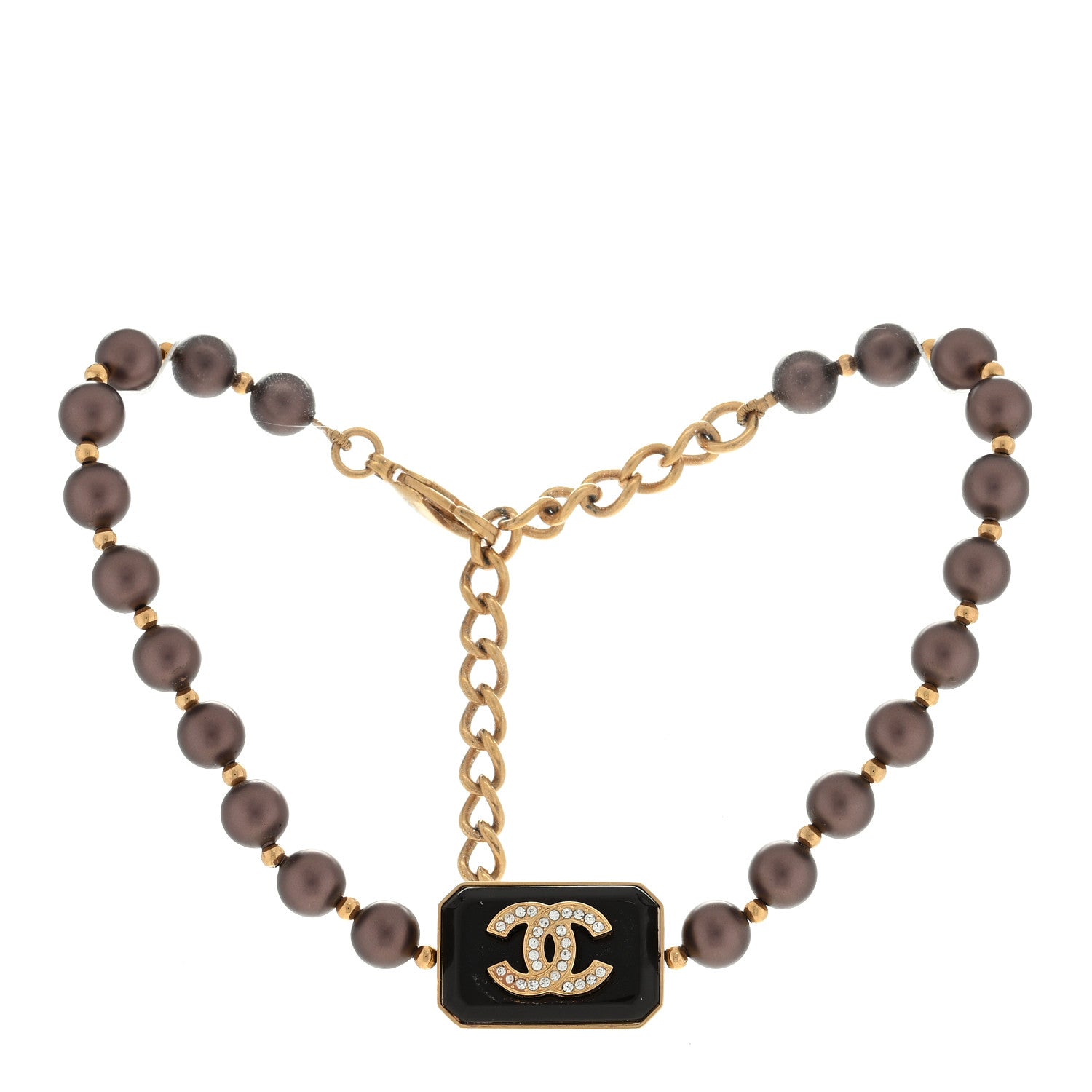 Chanel Pearl Crystal CC Choker Necklace Brown Gold 3 of 4